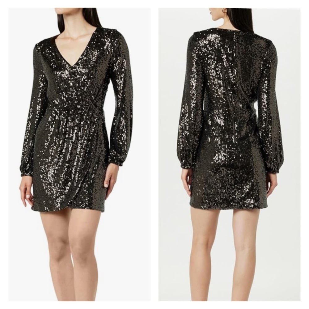 The Drop - Helena Sequin Long Sleeve Wrap Mini Dress in Bronze